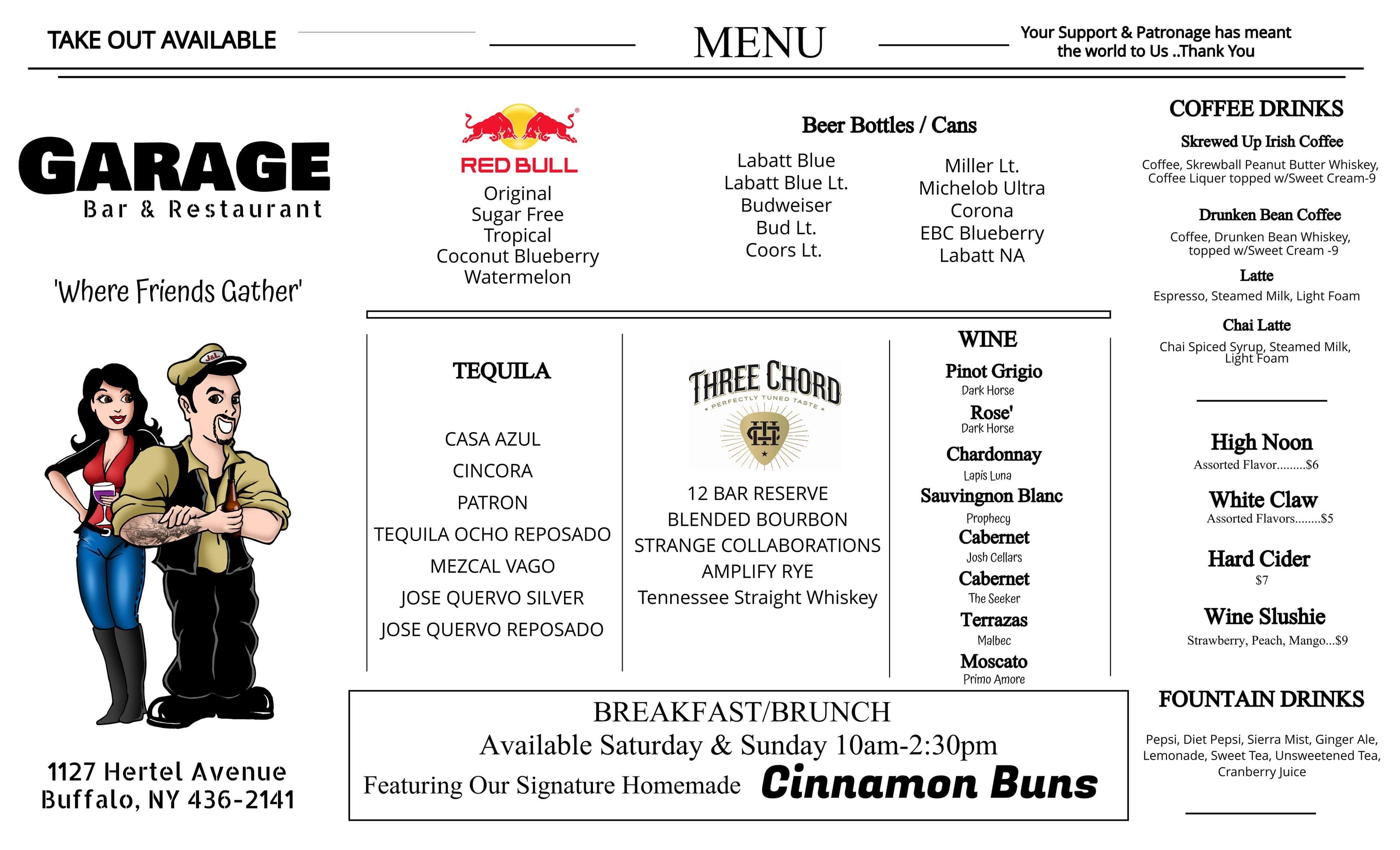 Menu | Buffalo, NY | The Garage Bar & Restaurant